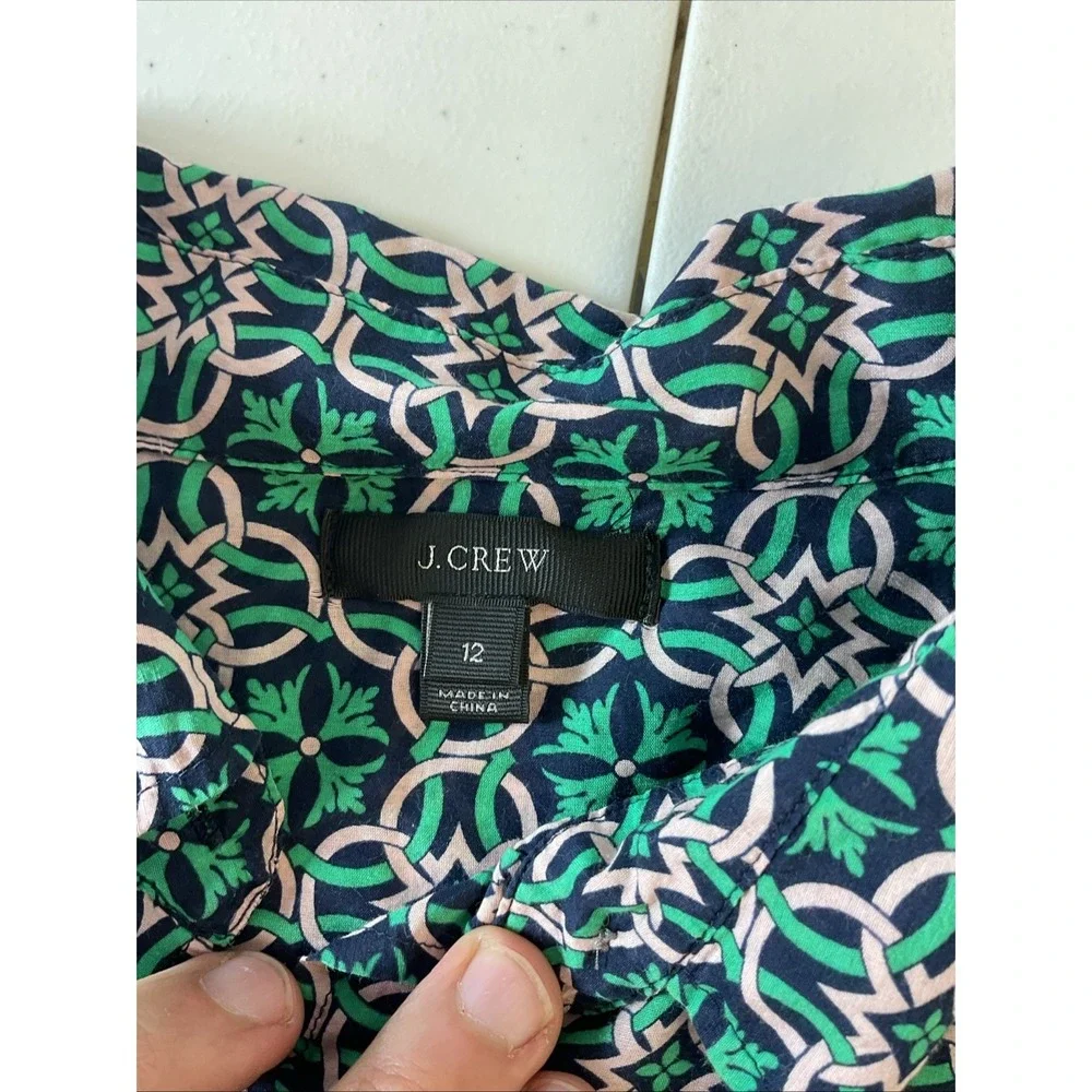 J. Crew Womens Top Size 12 Green Blue Printed Tunic Shirt Long‎ Sleeve Silk Blnd